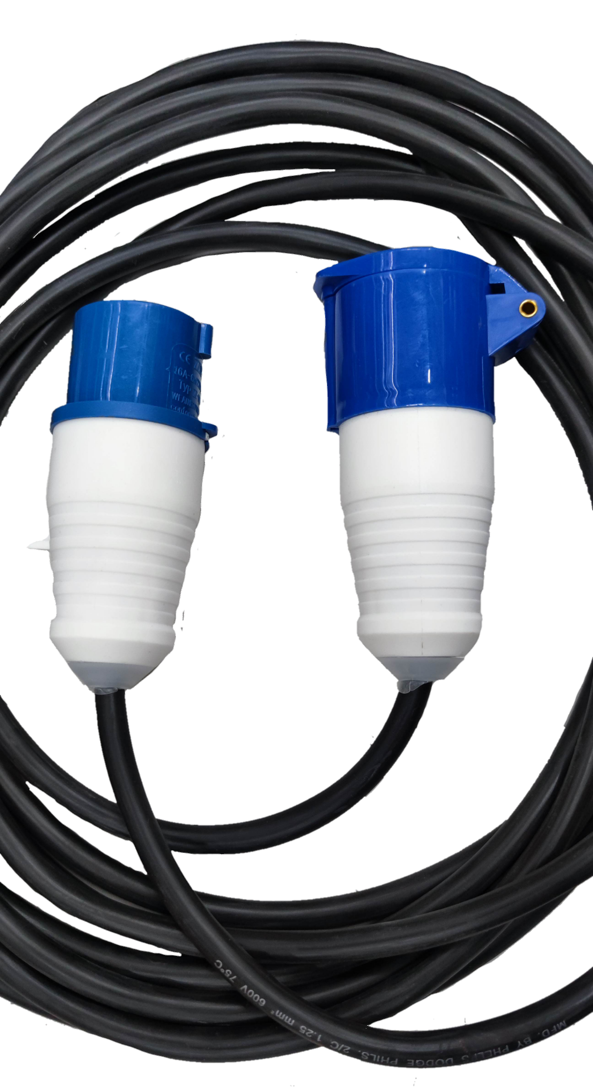 16A 3 Pole industrial power Extension Cord with blue and white connectors and long black cable