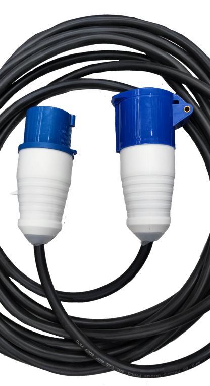 16A 3 Pole industrial power Extension Cord with blue and white connectors and long black cable