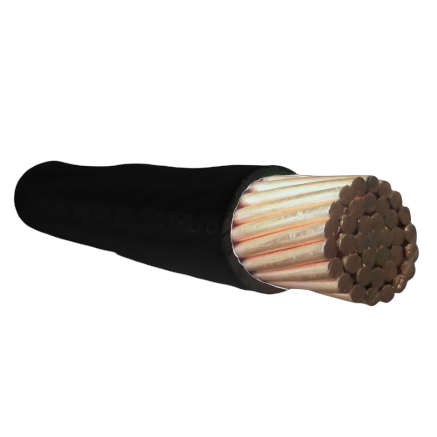 Coiled cable with black sheath and copper core on a white background