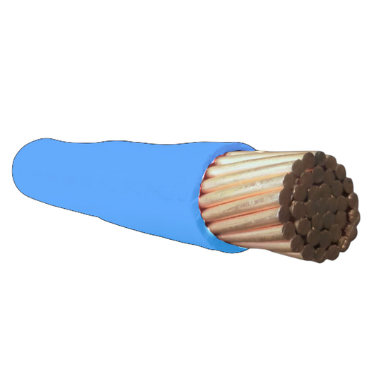 Coil of cable with blue insulation and copper core on a white background
