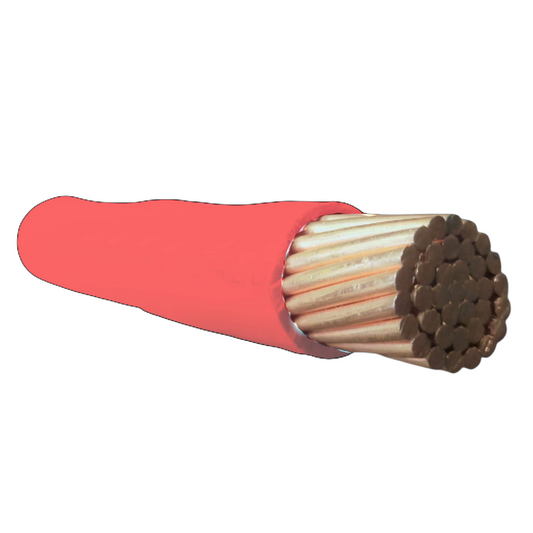 Red insulated wire with copper conductor on a white background