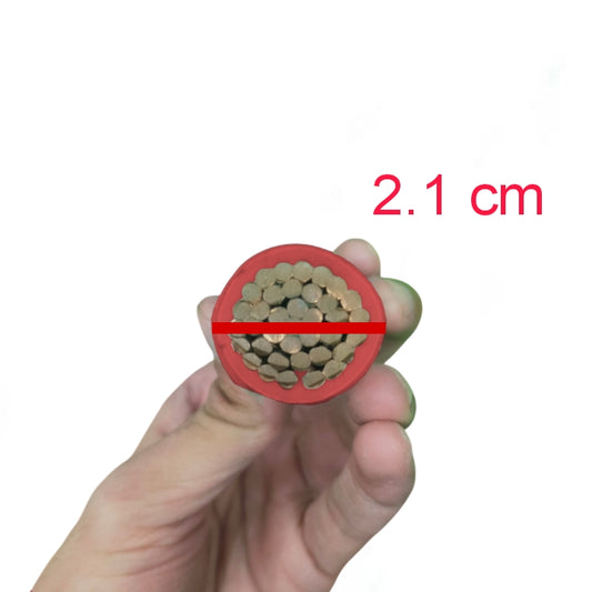 Hand holding a cross-section of a cable with a red circle and measurement '2.1 cm' on a white background