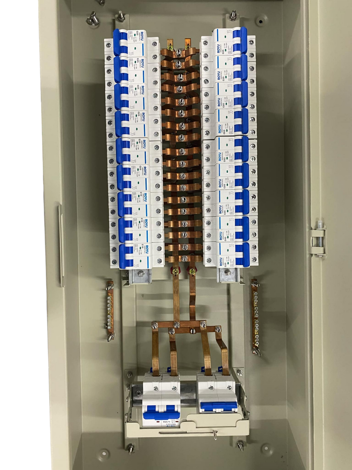 Chint 18 Branches 2 Pole Miniature Circuit Breaker electrical panel with copper wiring and blue switches