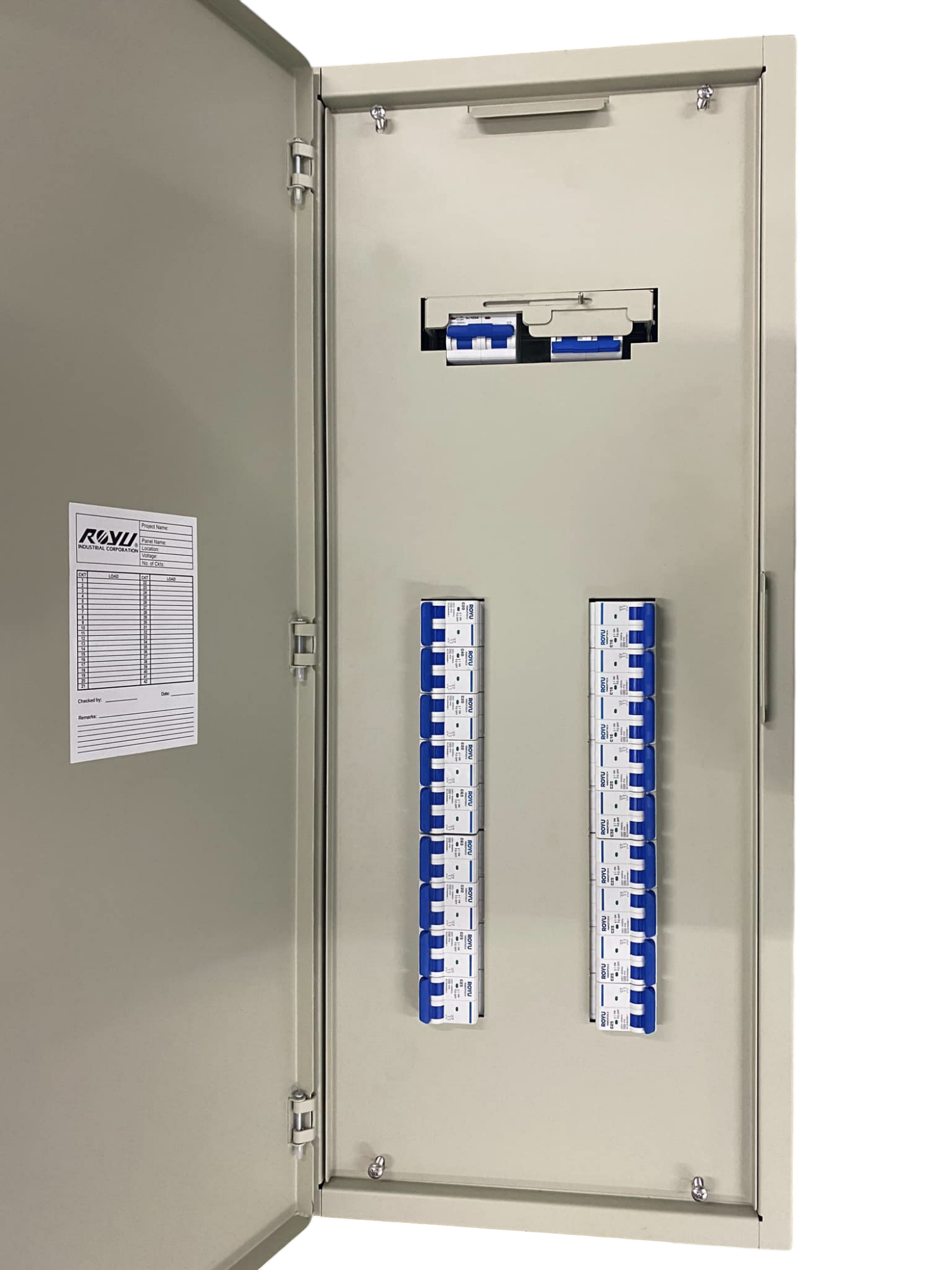 Chint 18 Branches 2 Pole Miniature Circuit Breaker installed inside an open electrical panel cabinet