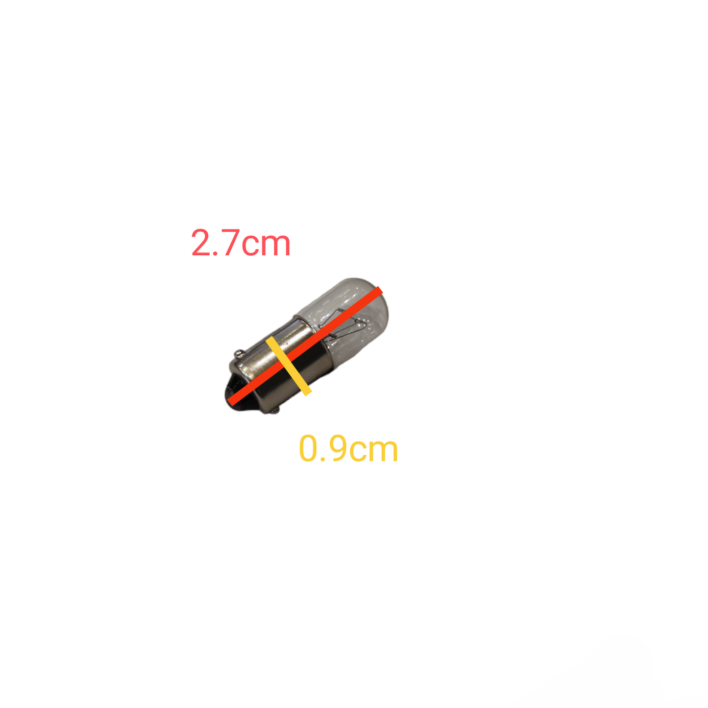 Small cylindrical metal component with measurements on a white background 1W Pilot Lamp B9 6V Made in Japan Indicator Bulb Electx Electrical Supply