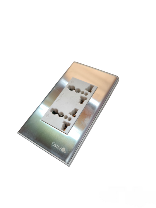 Omni Duplex Universal Outlet with Ground Device and Stainless Plate Cover 16A 250V WWP-113S+WWU-402