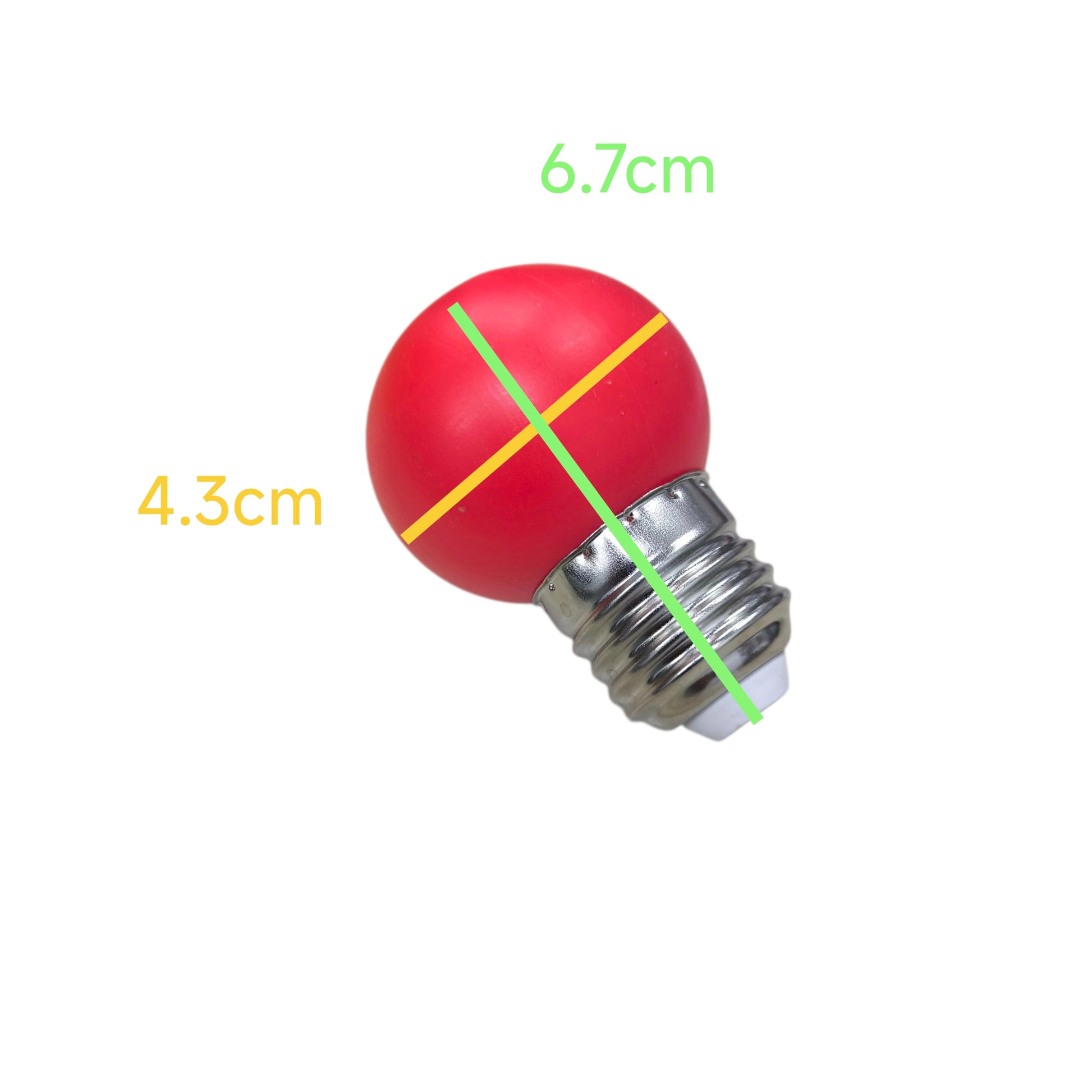 1W red LED ping pong bulb E27 with dimensions of 6.7cm height and 4.3cm width
