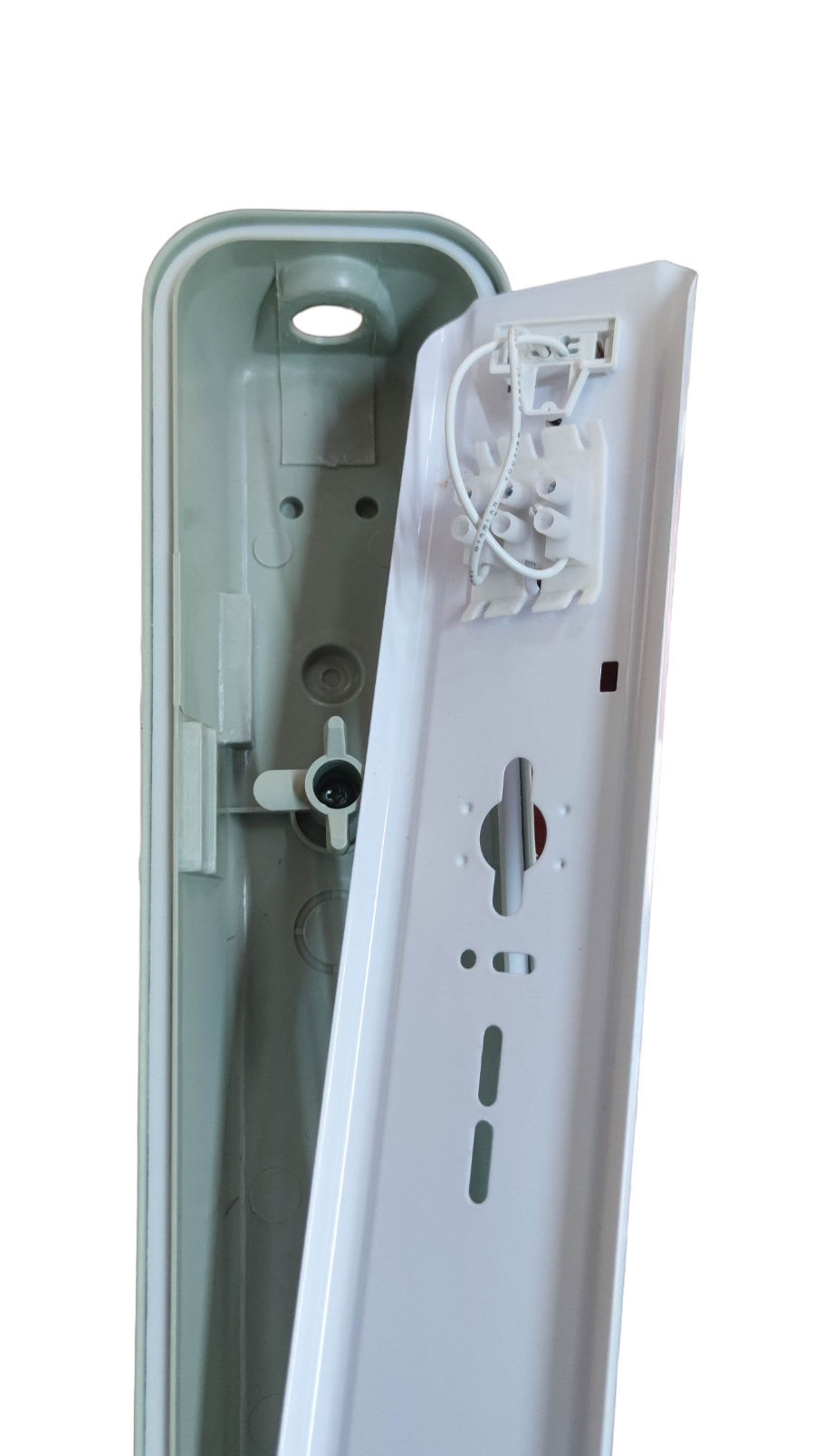 Opple 1x8W T8 fluorescent tube fixture with open cover showing internal wiring for installation