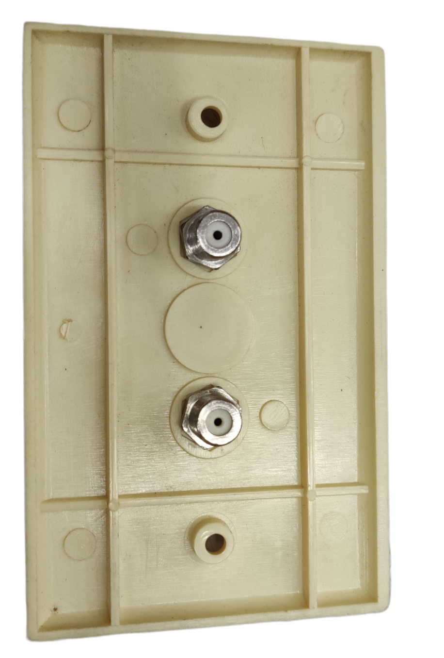 2 gang F jack outlet old design electrical part with dual coaxial connectors on a beige plastic base from Taiwan
