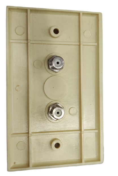 2 gang F jack outlet old design electrical part with dual coaxial connectors on a beige plastic base from Taiwan