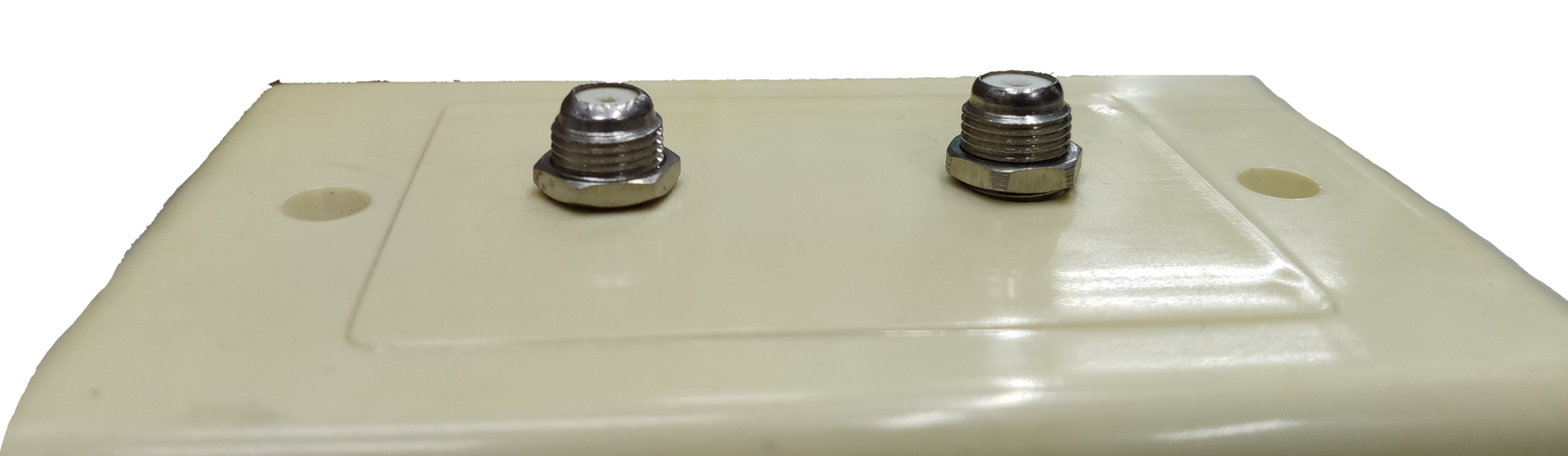 2 gang F jack outlet old design electrical circuitry part from Taiwan shown in close-up