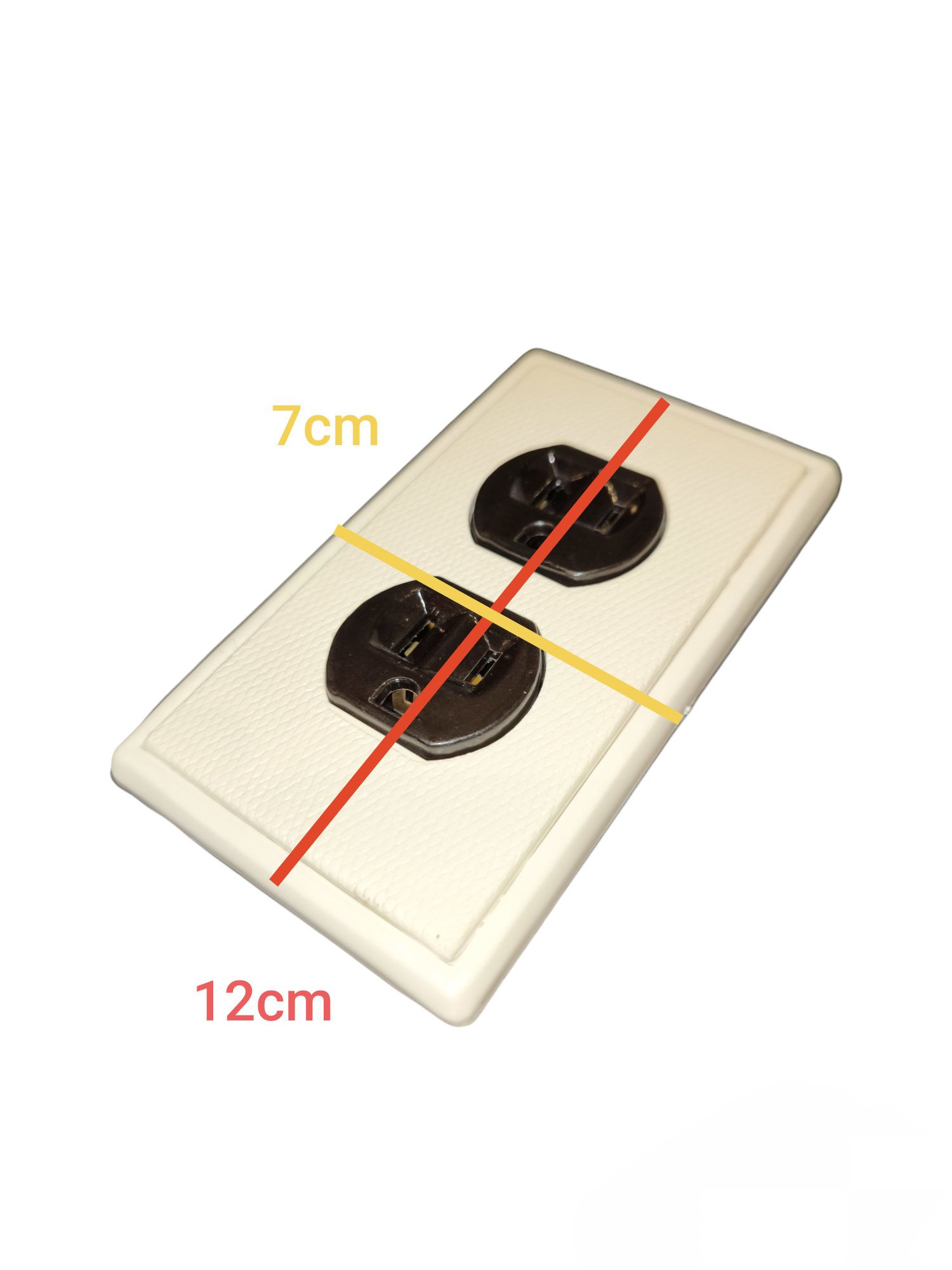 Kopez 2 gang flat pin outlet with ground beige power point showing dimensions 7cm by 12cm