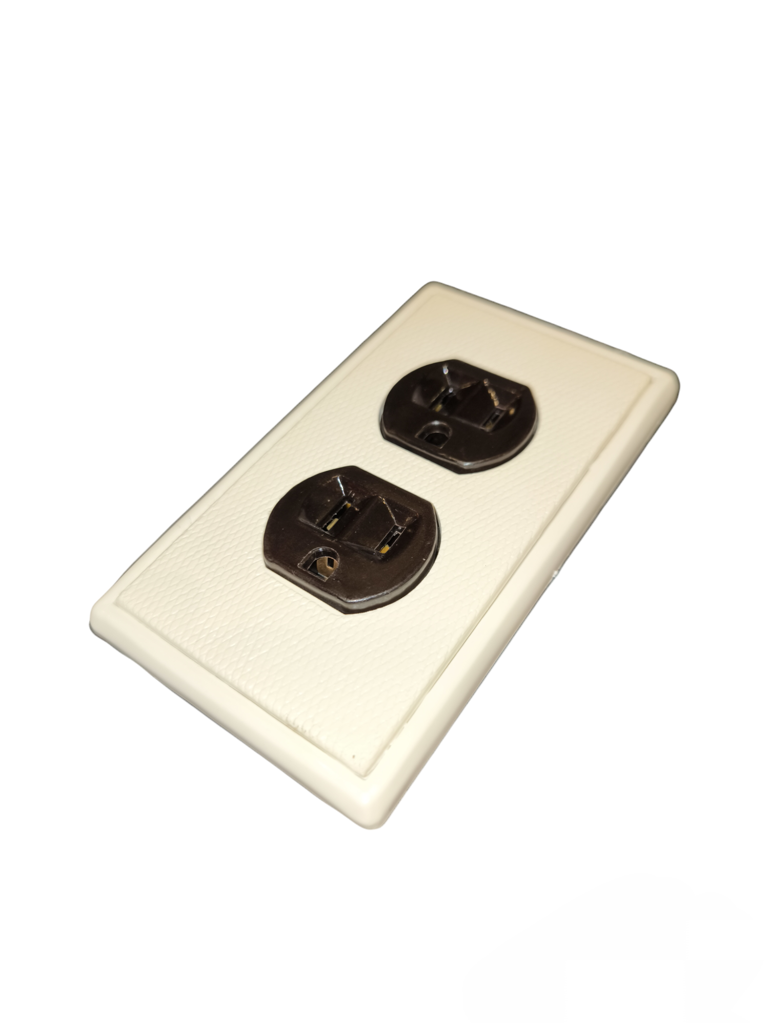 Kopez 2 gang flat pin outlet with ground featuring a white faceplate and black sockets