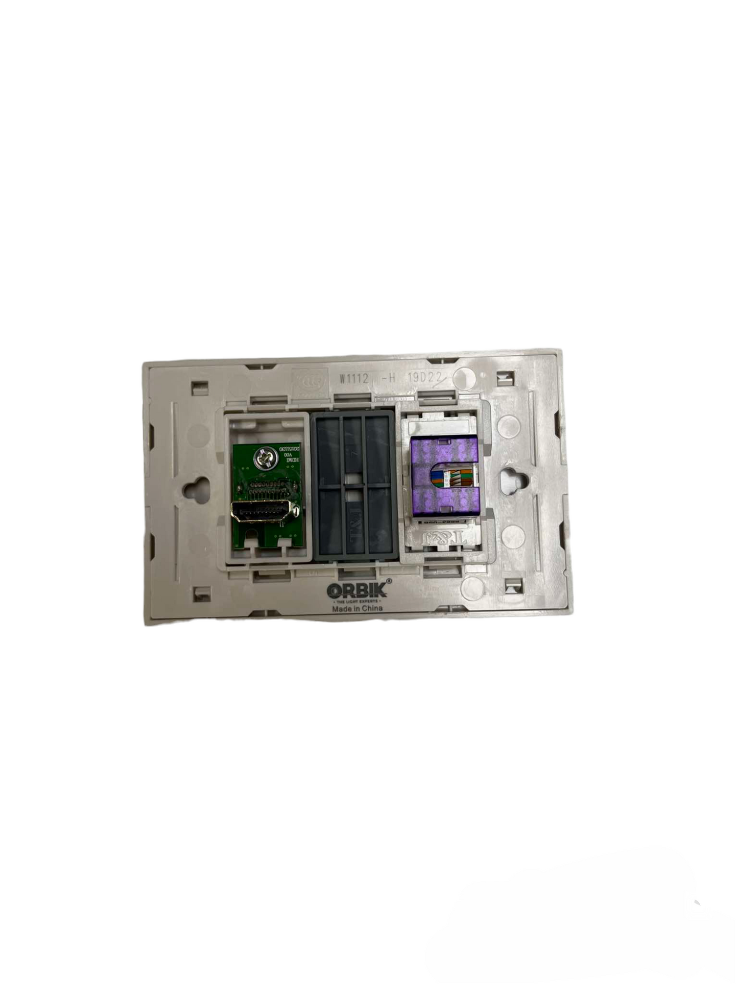 T&J 2 Gang Outlet HDMI and CAT6 Outlet with Plate showing connection ports and mounting frame