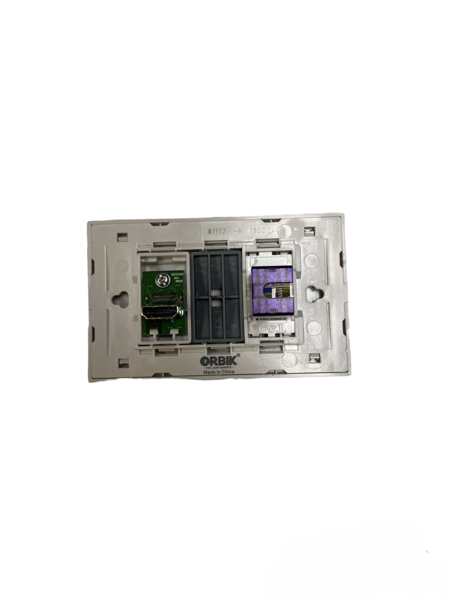 T&J 2 Gang Outlet HDMI and CAT6 Outlet with Plate showing connection ports and mounting frame