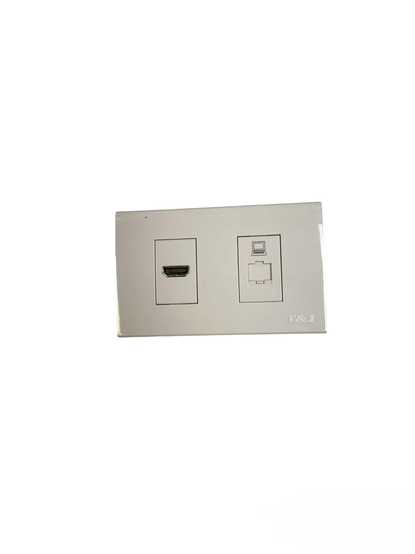 T&J 2 Gang Outlet HDMI and CAT6 Outlet with Plate in white for wall installation