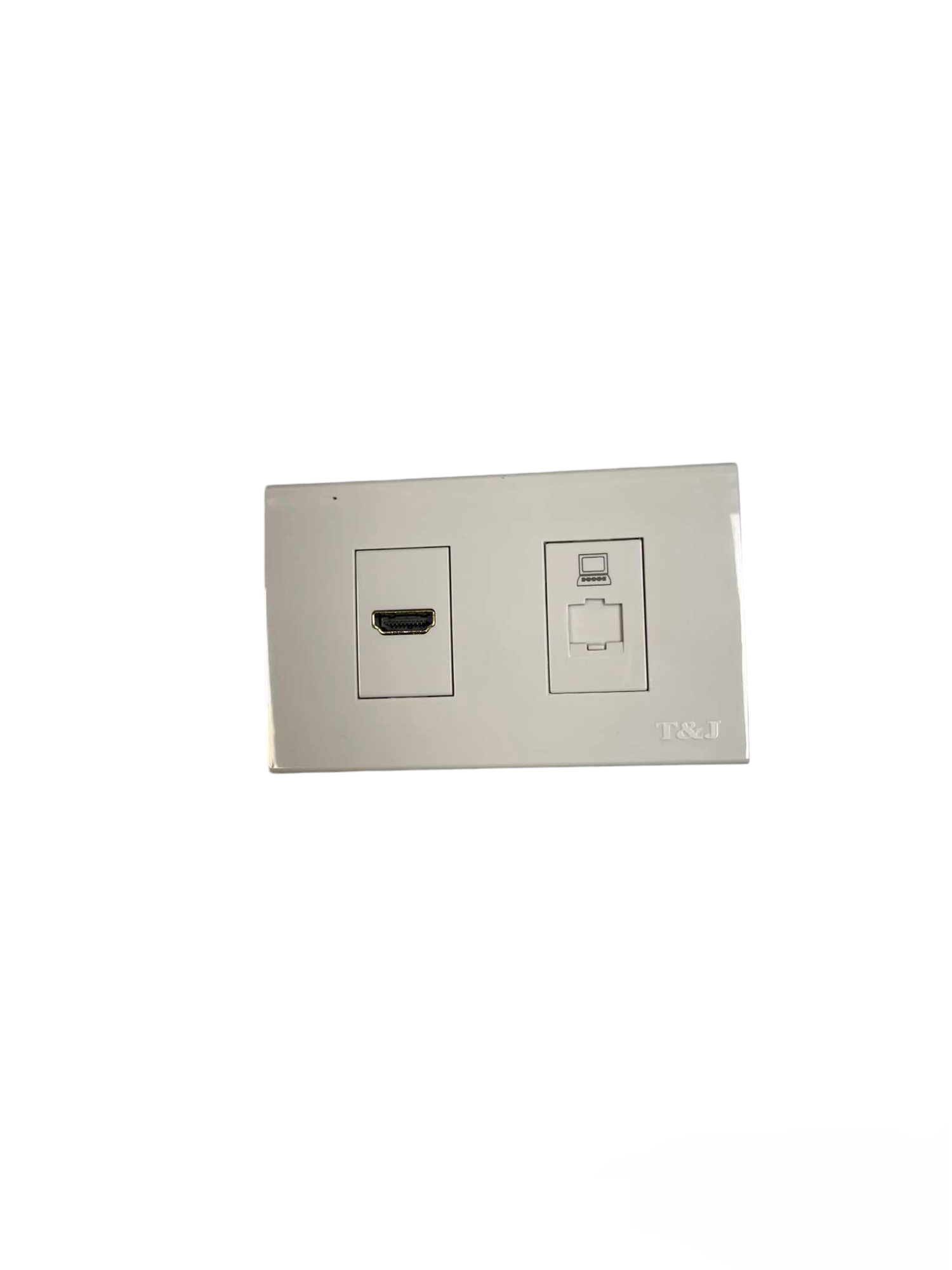 T&J 2 Gang Outlet HDMI and CAT6 Outlet with Plate in white for wall installation
