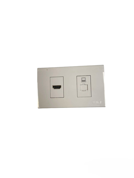 T&J 2 Gang Outlet HDMI and CAT6 Outlet with Plate in white for wall installation