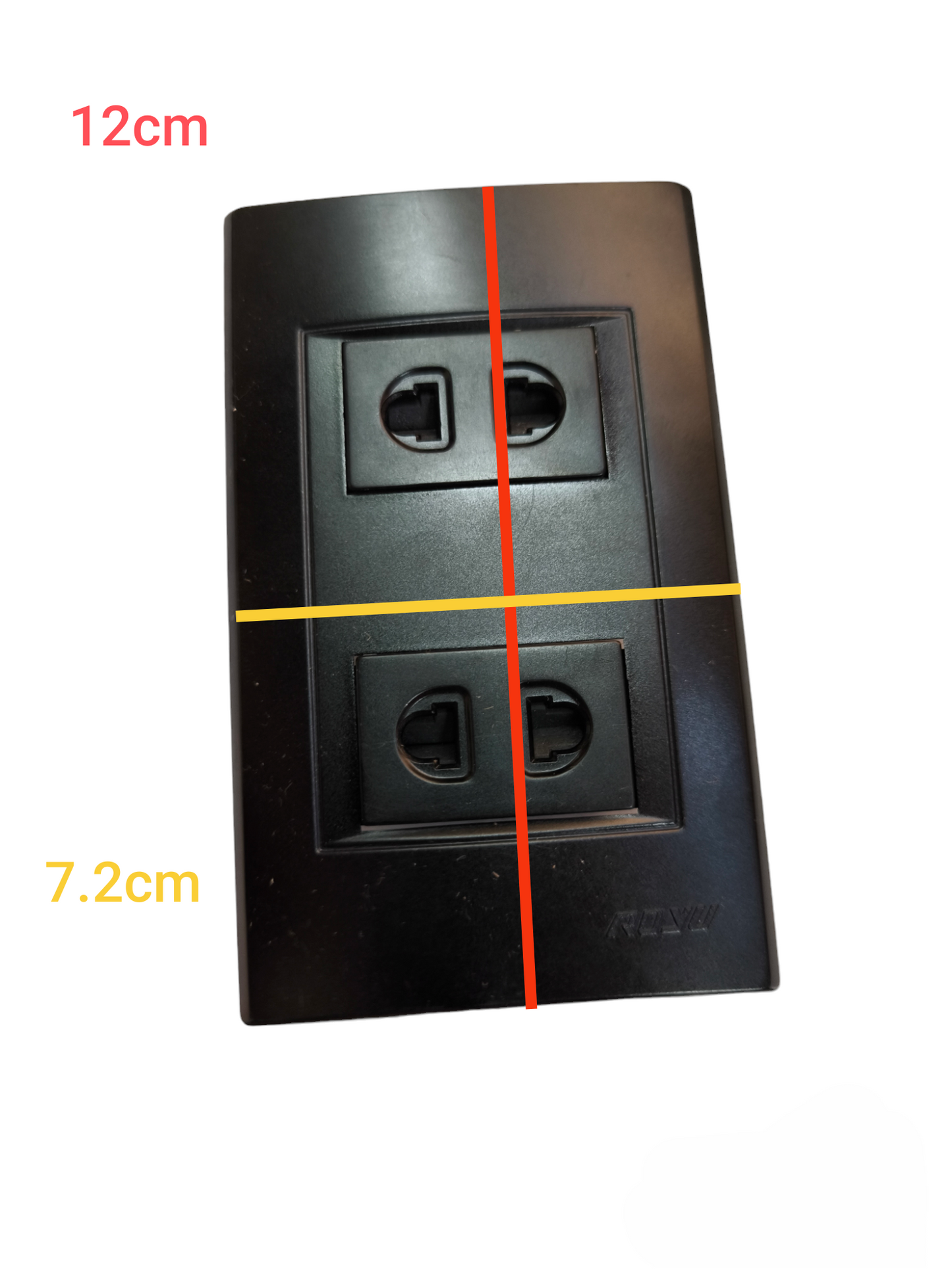 Royu 2 Gang Universal Outlet 10A 250V black power point with dimensions 12cm by 7.2cm