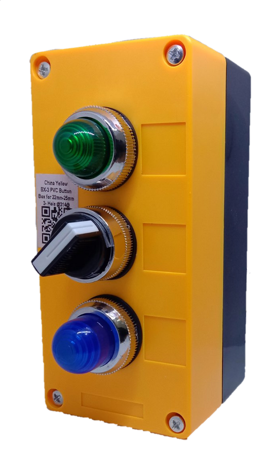 Auspicious 2 position selector switch with pilot lamp in yellow housing with green and blue indicator lights