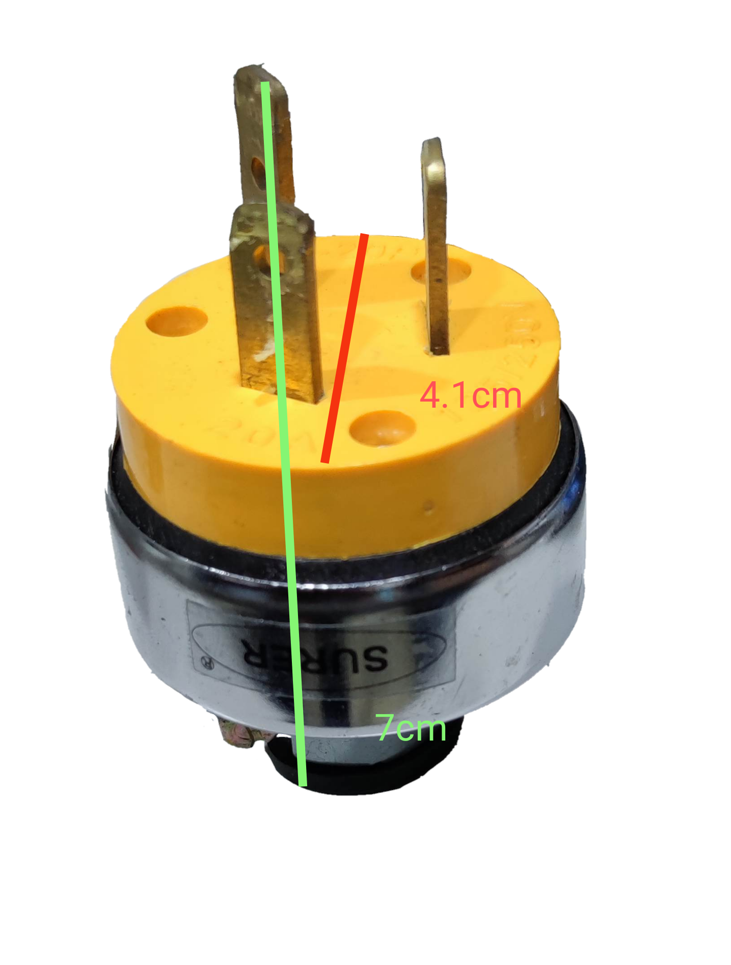 Surer 20A 125V Range Plug Type I 332 with yellow and black housing and metal prongs