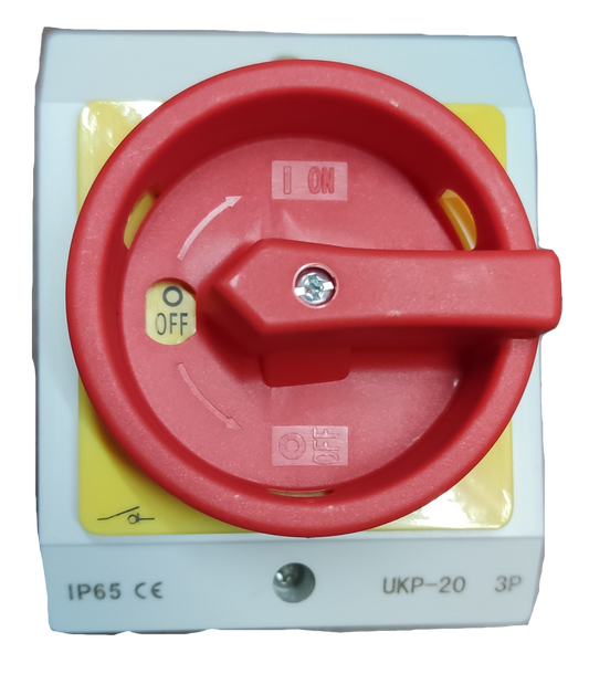 Grippes 20A 3 Pole isolator switch 220v with a red rotary handle for easy operation