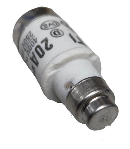 Close-up of 20A ceramic fuse 400V electrical component with metal end cap and white ceramic body