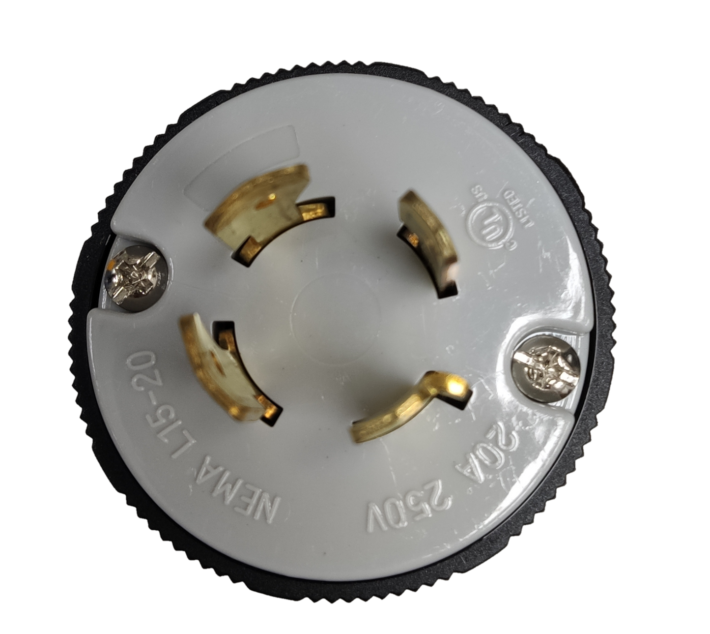 Close-up of Grippes 20A twist lock plug NEMA L15-20 for secure electrical connections