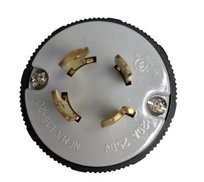 Close-up of Grippes 20A twist lock plug NEMA L15-20 for secure electrical connections
