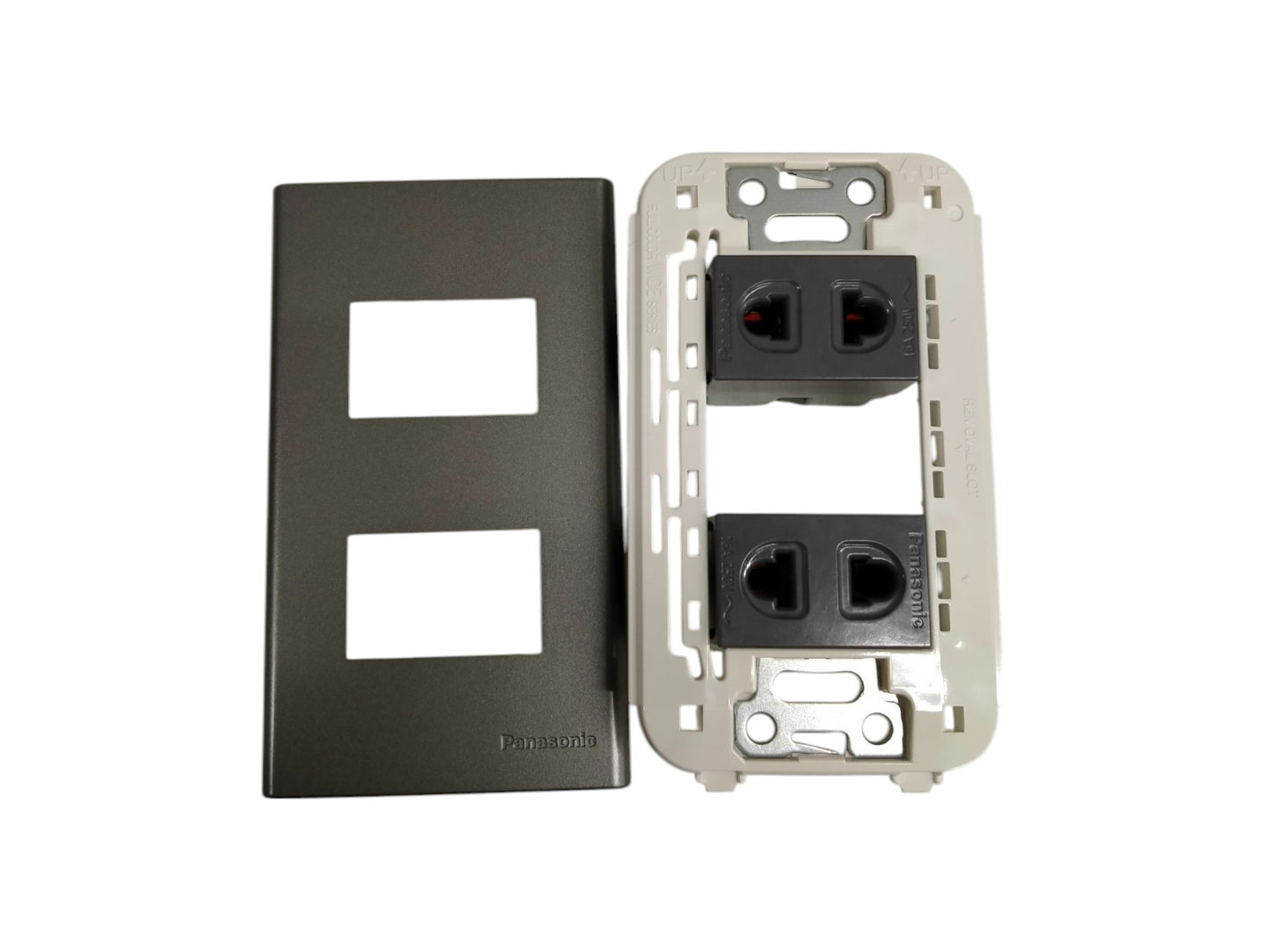 Panasonic 2 Gang Universal Convenience Outlet,2 Gang Universal Receptacle 16A 250V 16A 250V with Plate Cover Metallic Gray WEG6802MH-1/2XWEG10919H-5