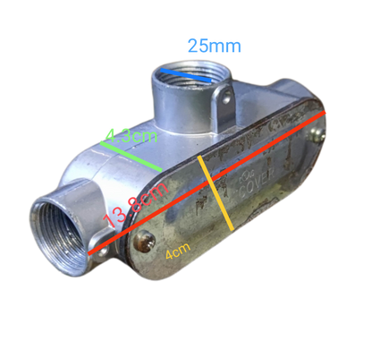 20mm Metal Tee Conduit electrical part with measurements shown, made of metal, suitable for wiring systems