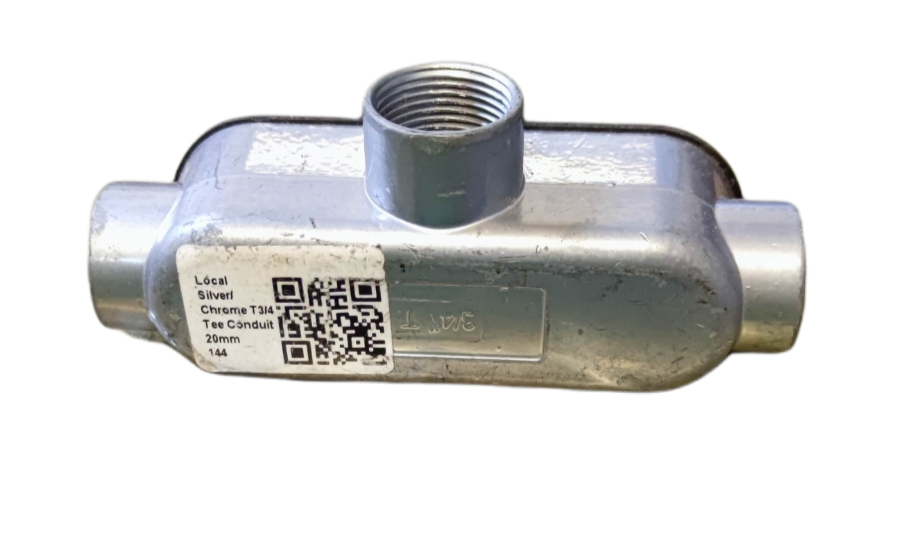 Local vendor 20mm Metal Tee Conduit silver electrical circuitry part with QR code label