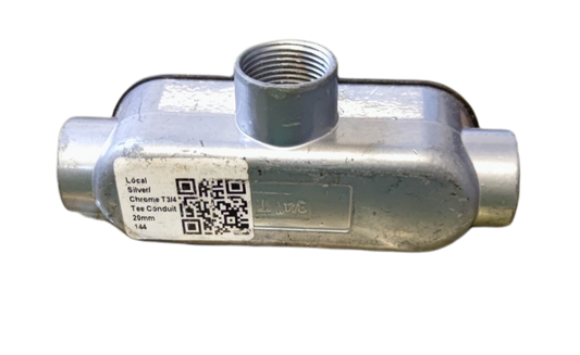 Local vendor 20mm Metal Tee Conduit silver electrical circuitry part with QR code label
