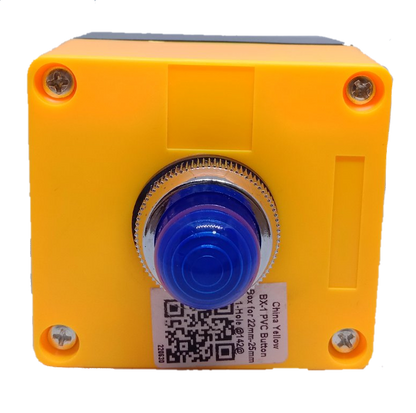 Auspicious 220V blue pilot lamp with enclosure featuring a yellow square casing and blue button