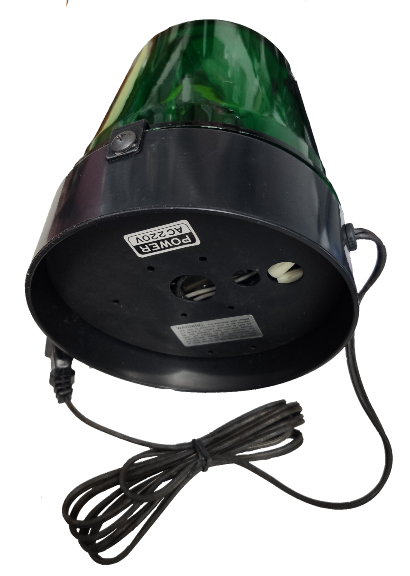 220V green revolving warning light with a sturdy base and power cord for effective signaling