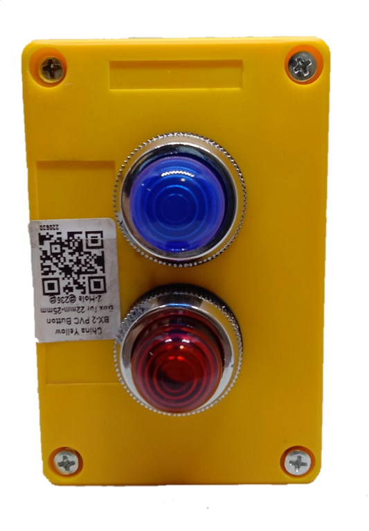 Auspicious 220V pilot lamp with surface box featuring blue and red indicator lights on a yellow housing