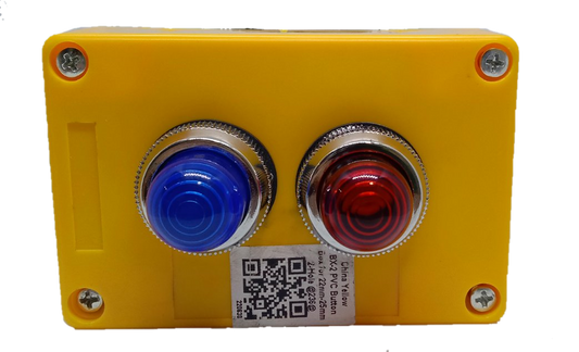 220V pilot lamp with surface box featuring blue and red indicator lights in a yellow Auspicious work and safety light enclosure