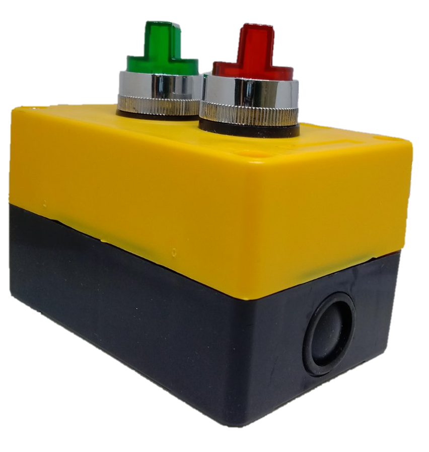 Auspicious 22mm illuminated selector switch with red and green buttons on a yellow and black power switch box