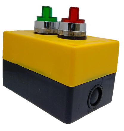 Auspicious 22mm illuminated selector switch with red and green buttons on a yellow and black power switch box