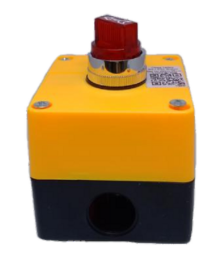Auspicious 22mm illuminated selector switch with red knob on yellow and black base for power control
