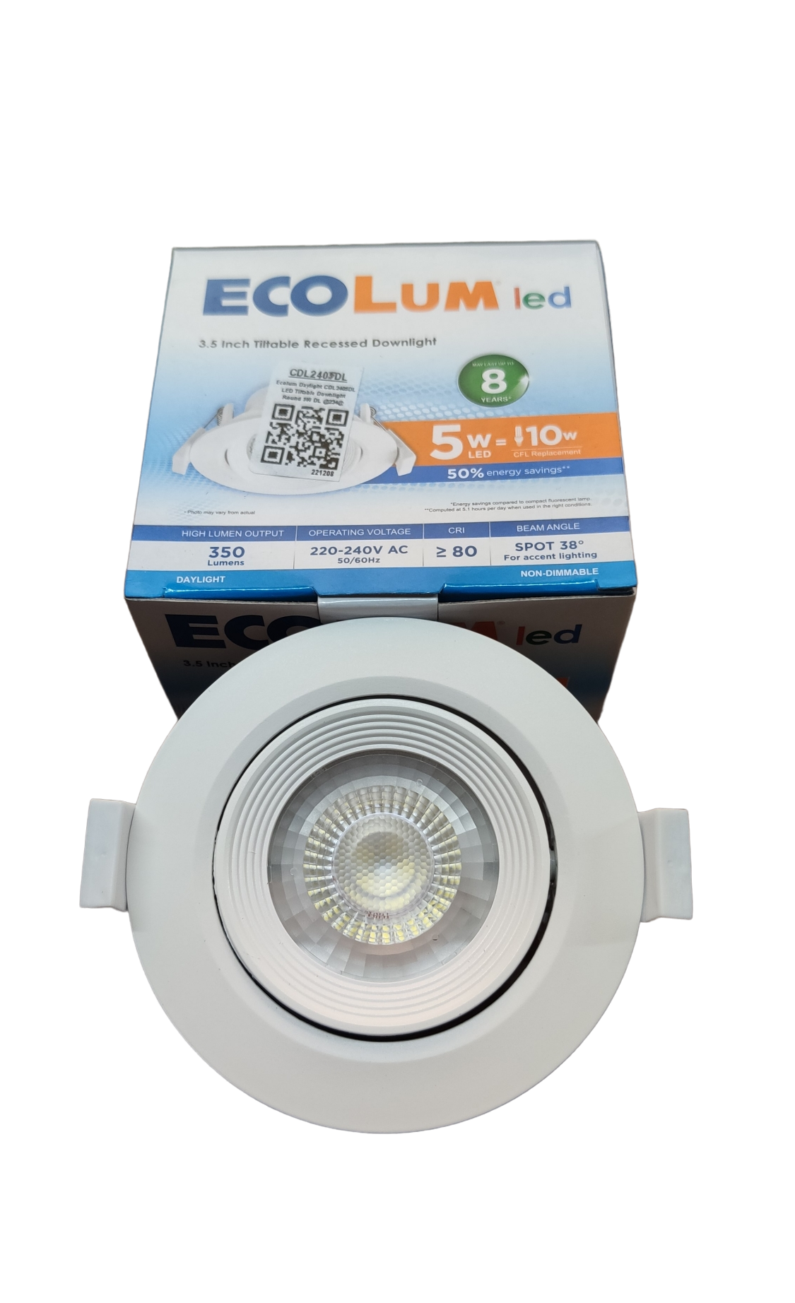 Ecolum 5W Daylight Tiltable Recessed Downlight 3.5 inch 220V 6500K 3.5" LED Downlight Swivel 220V 6500K Flush