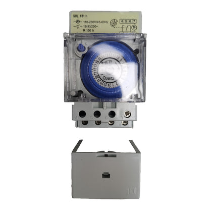 Electrical timer switch with blue faceplate on a white background
