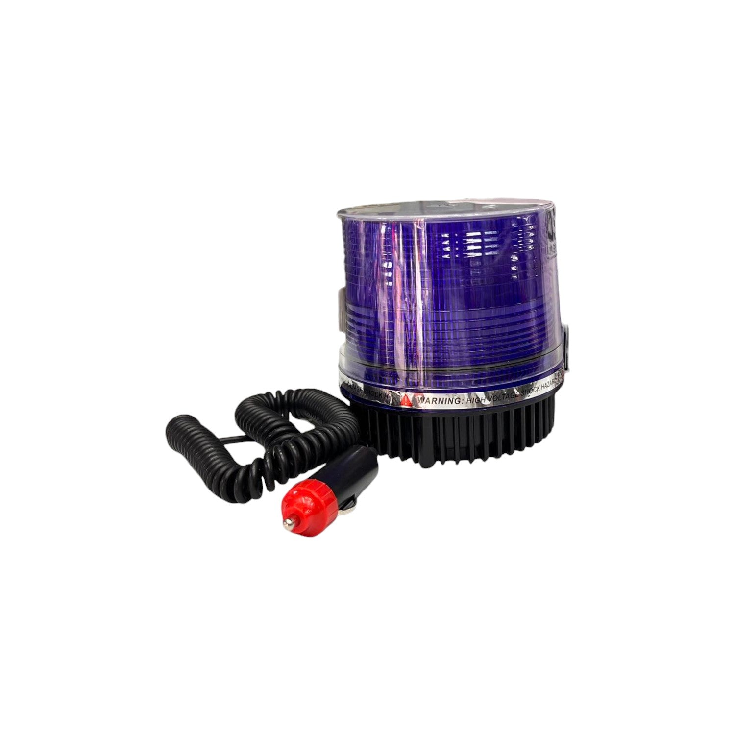 Code Red 24V blue strobe warning light with a spiral cord and plug for safety visibility