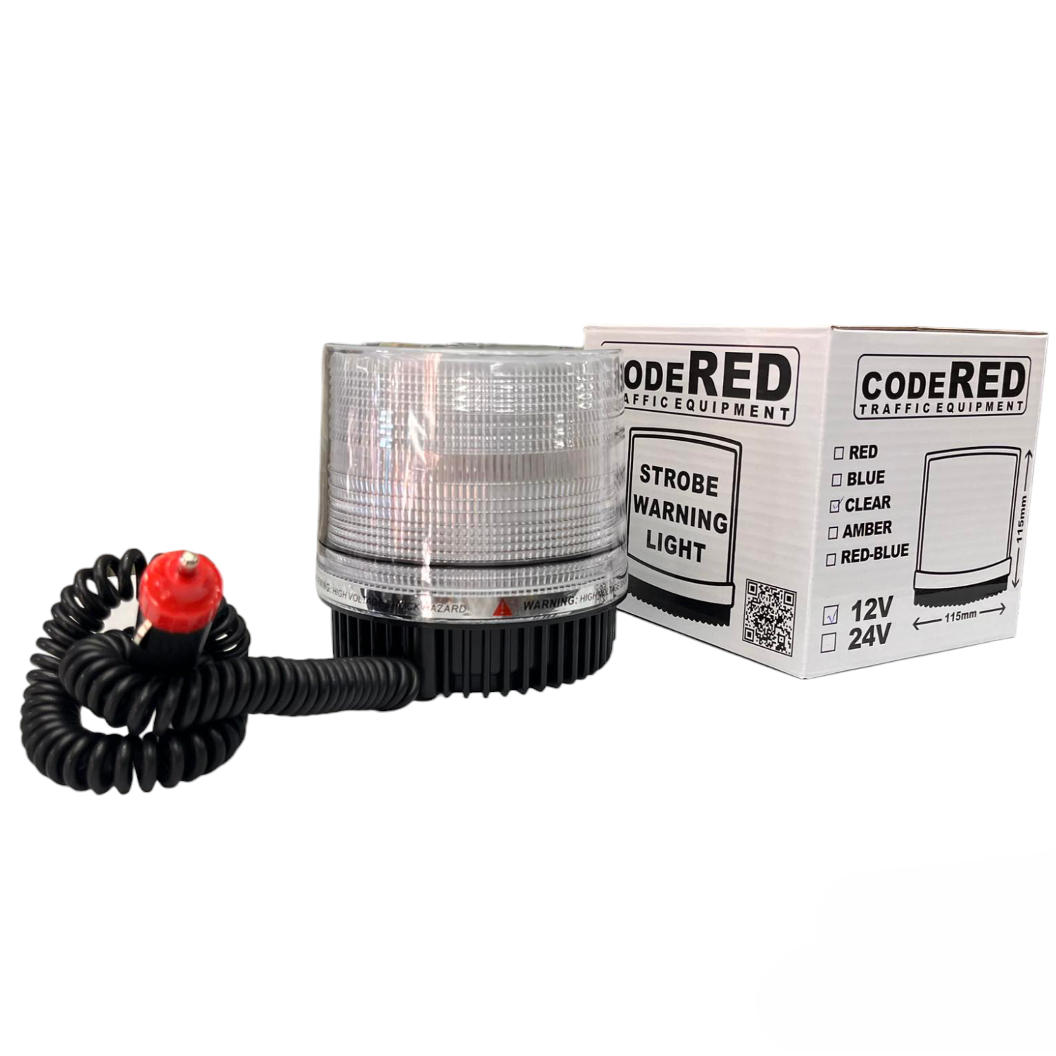 Code Red 24V strobe warning light with magnetic base and coiled power cord for safety applications
