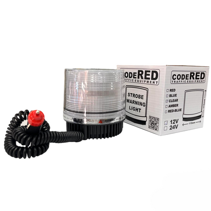 Code Red 24V strobe warning light with magnetic base and coiled power cord for safety applications