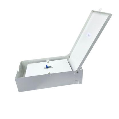 250A industrial circuit breaker outdoor in a grey protective enclosure with a removable lid for easy access