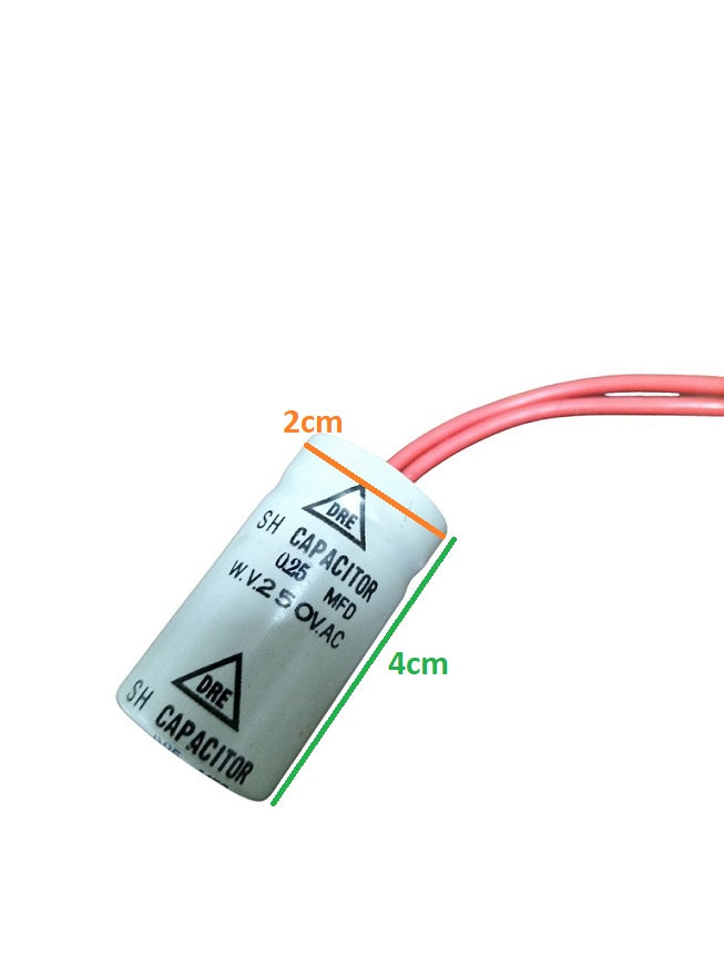 DRE 250V capacitor for Motor Parts with 2cm height and 4cm length, designed for electrical applications
