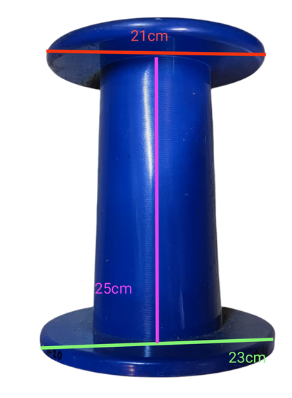 Blue 25kg plastic spool for wire, measuring 25cm in height and 21cm in diameter