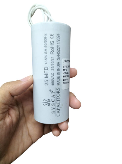 Syscap 25MFD Running Capacitor 450V in white casing with electrical specifications for efficient performance