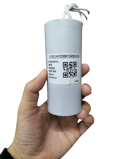 Syscap 25MFD Running Capacitor 450V in a cylindrical white casing with labeled specifications